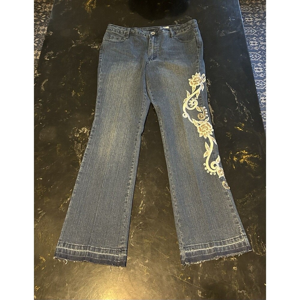 Denim 24/7 Jeans Womens Plus 12W Blue Stretch Straight Leg Embellished Appliqué